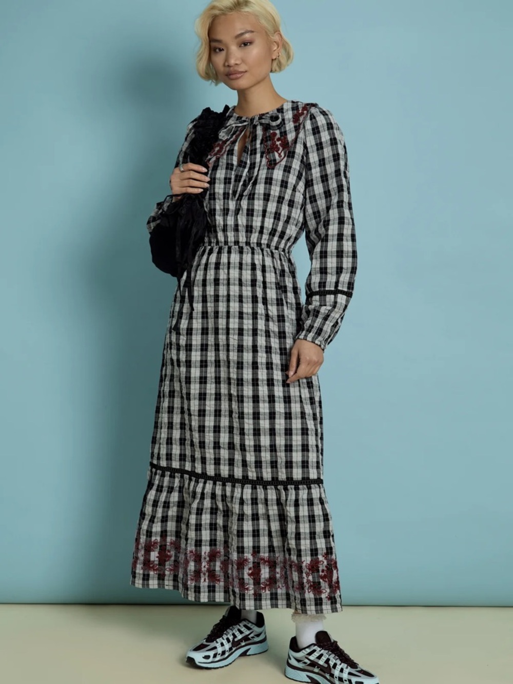 Neon rose Women's Black & White Plaid Maxi Dress with Embroidered Collar